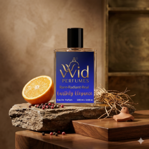 A bottle of Terre d'Hermès perfume, surrounded by earthy elements like wood and stone, reflecting its deep, woody, and citrusy fragrance.