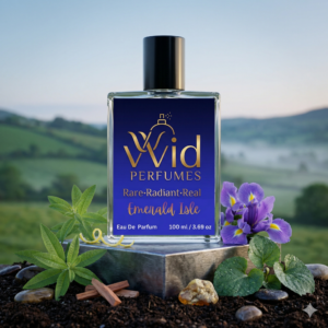 A bottle of Creed Green Irish Tweed, surrounded by lush greenery, capturing its fresh, crisp, and herbal fragrance.