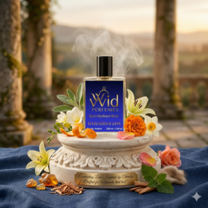 A bottle of Calvin Klein Eternity, set against soft light and floral elements, symbolizing its