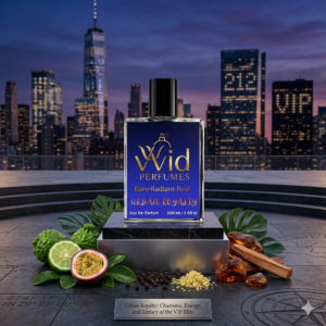 A sleek bottle of Carolina Herrera's 212 VIP Men, set against a backdrop of a vibrant, urban atmosphere, reflecting its energetic, sophisticated scent.
