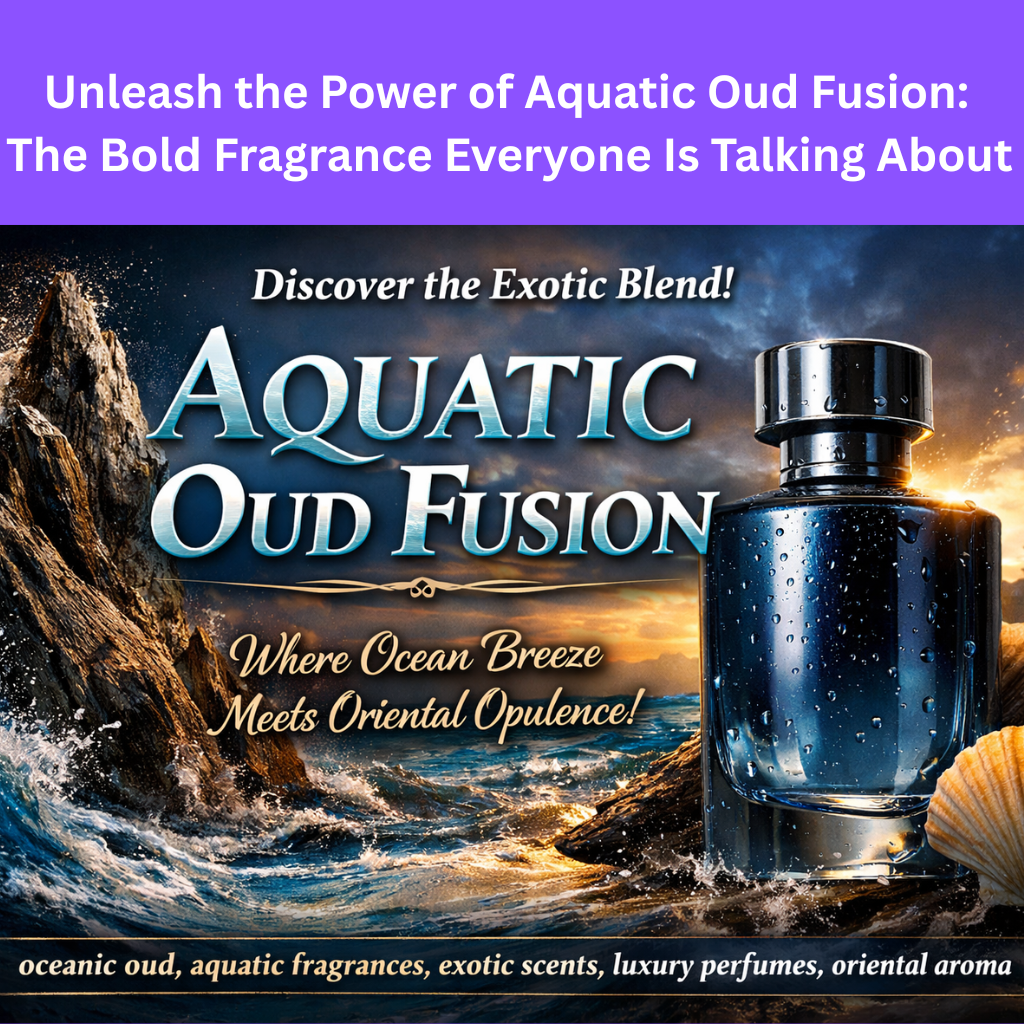A luxurious perfume bottle labeled “Aquatic Oud Fusion” placed beside ocean waves and rugged oud wood, with a dramatic sunset background and elegant typography highlighting a fusion of fresh aquatic and rich oriental scents.