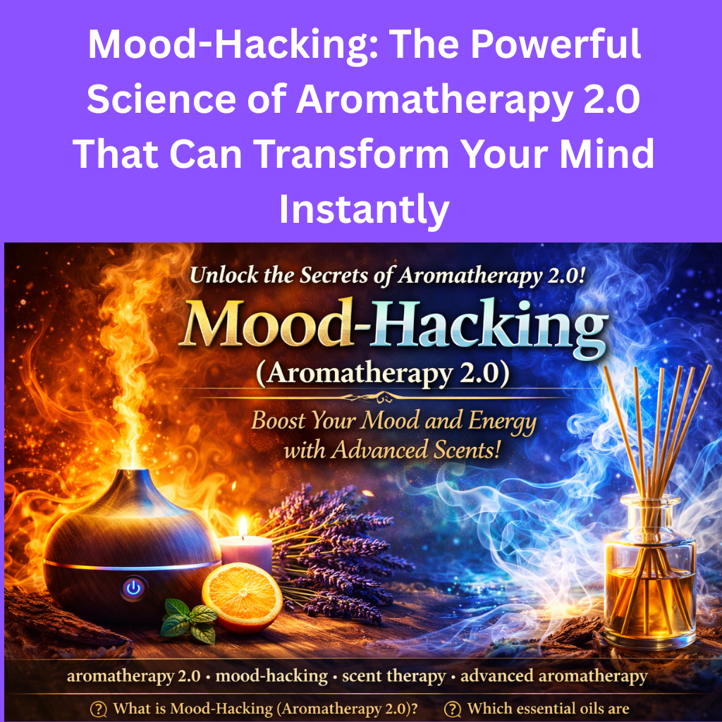 A modern aromatherapy setup with essential oils, diffuser, and calming ambient lighting representing mood-hacking fragrance therapy.