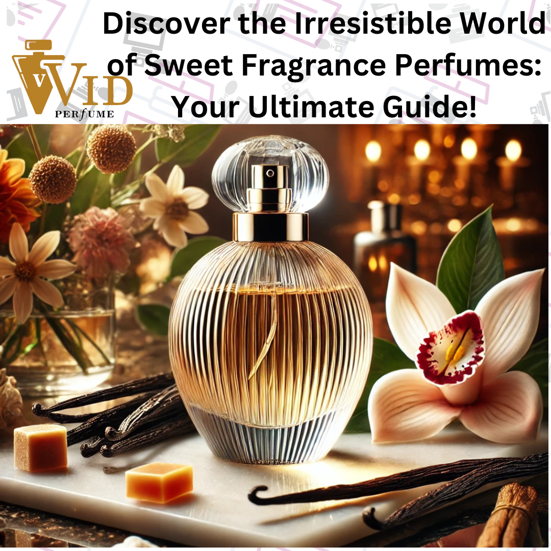 Sweet fragrance Perfumes bottle surrounded by vanilla pods and vibrant flowers on a marble surface.