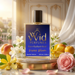 A bottle of Divine Bloom perfume surrounded by vibrant flowers, representing its fresh and floral fragrance.