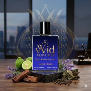 A bottle of Mont Blanc Legend perfume, featuring its sleek design, surrounded by bold elements that reflect its sophisticated, woody fragrance.