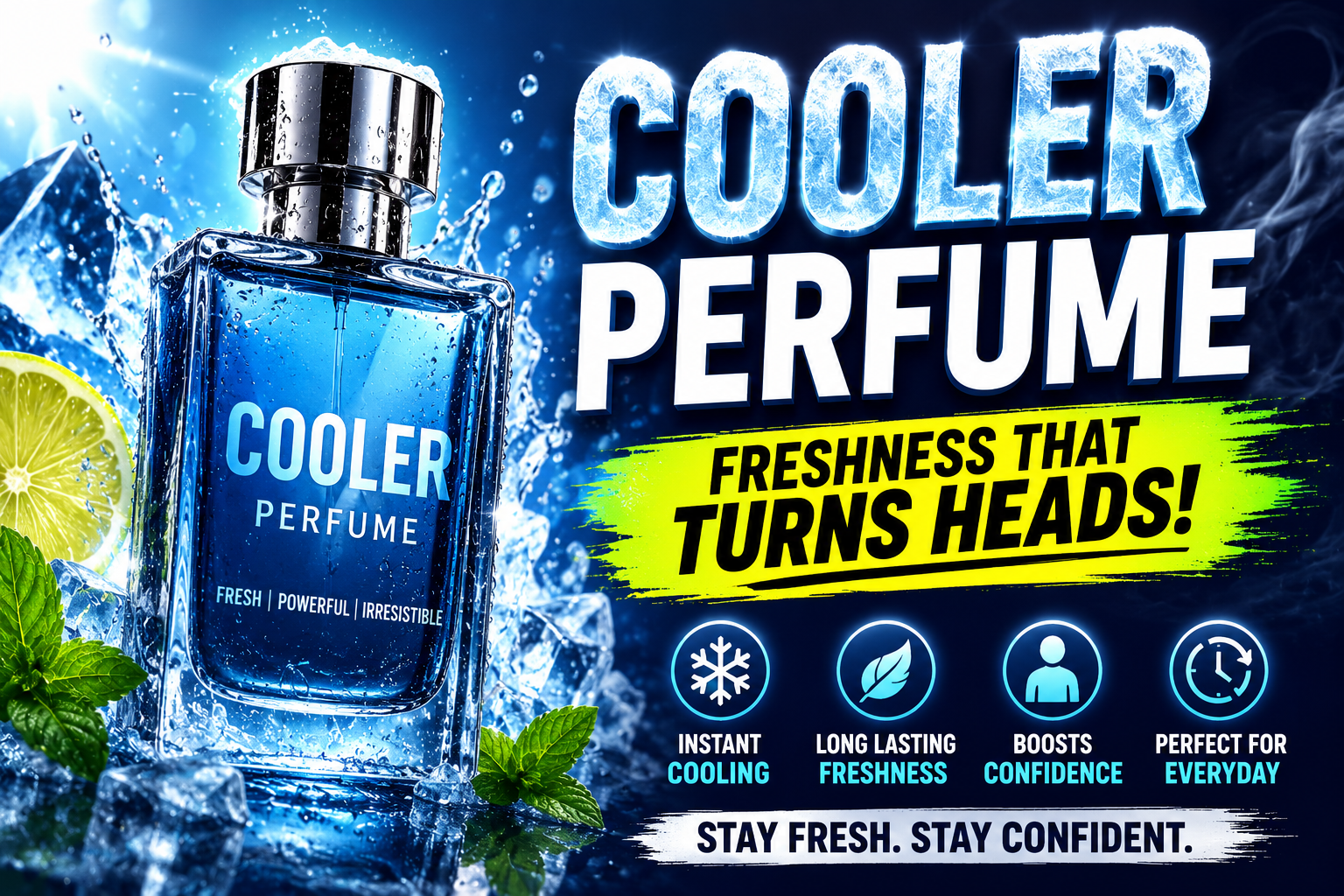 Luxury cooler perfume bottle surrounded by ice cubes, mint leaves, water splashes, and citrus slices with bold text “Cooler Perfume – Freshness That Turns Heads!” on a glowing blue background.