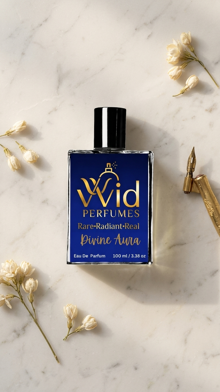 Divine Aura Perfume by VVID Perfumes featuring elegant floral notes, soft musk, warm vanilla, and a long-lasting luxurious fragrance.