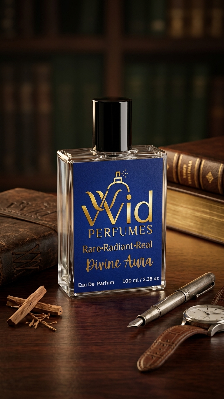 Divine Aura Perfume by VVID Perfumes featuring elegant floral notes, soft musk, warm vanilla, and a long-lasting luxurious fragrance.