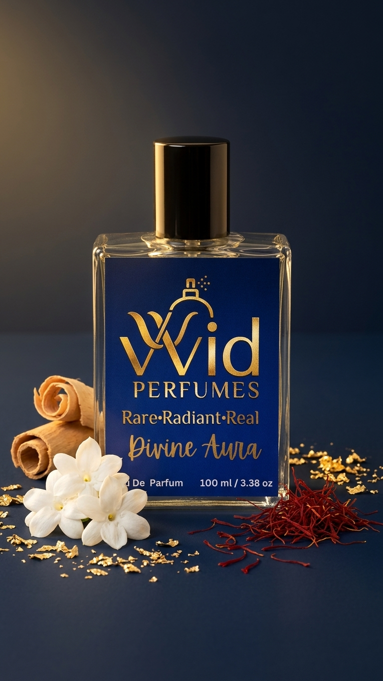 Divine Aura Perfume by VVID Perfumes featuring elegant floral notes, soft musk, warm vanilla, and a long-lasting luxurious fragrance.
