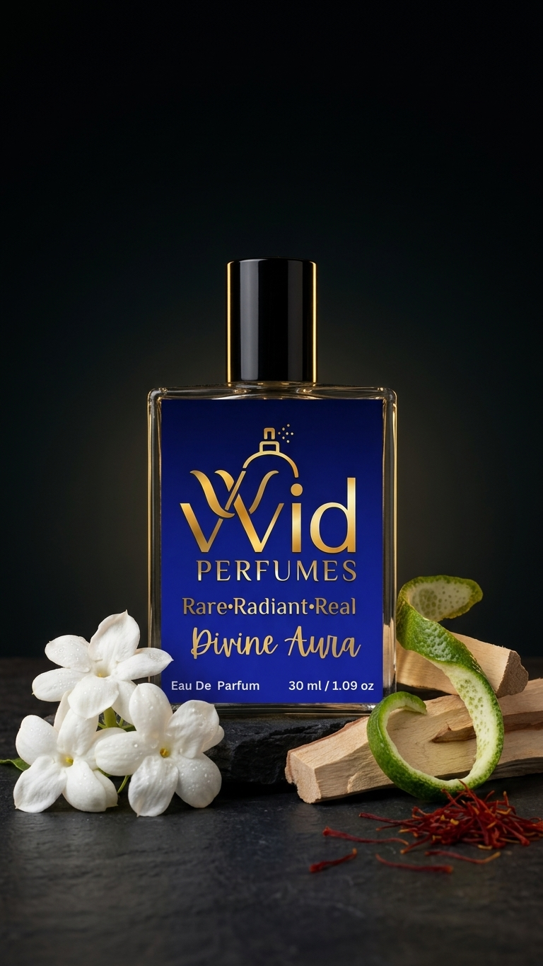 Divine Aura Perfume by VVID Perfumes featuring elegant floral notes, soft musk, warm vanilla, and a long-lasting luxurious fragrance.