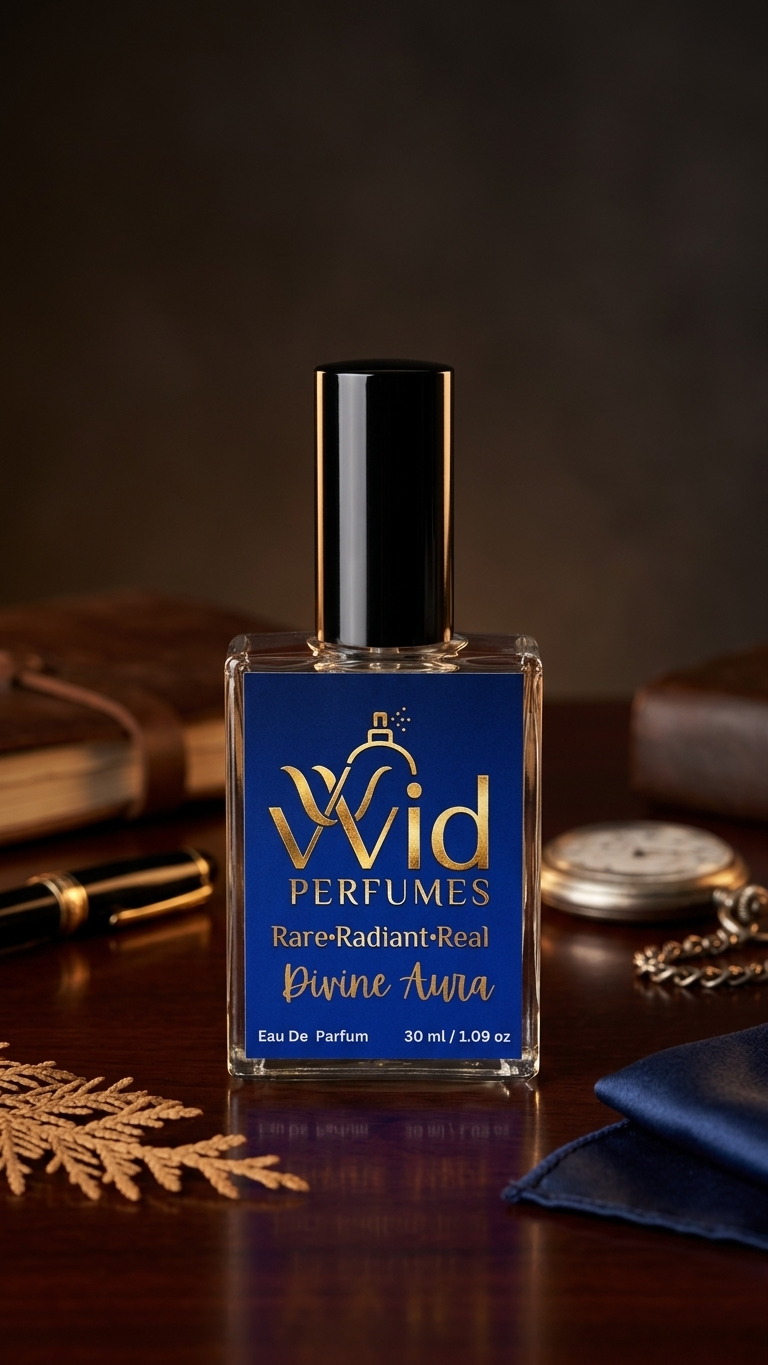 Divine Aura Perfume by VVID Perfumes featuring elegant floral notes, soft musk, warm vanilla, and a long-lasting luxurious fragrance.