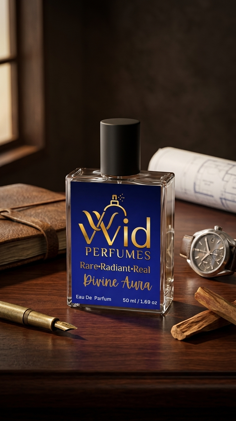 Divine Aura Perfume by VVID Perfumes featuring elegant floral notes, soft musk, warm vanilla, and a long-lasting luxurious fragrance.