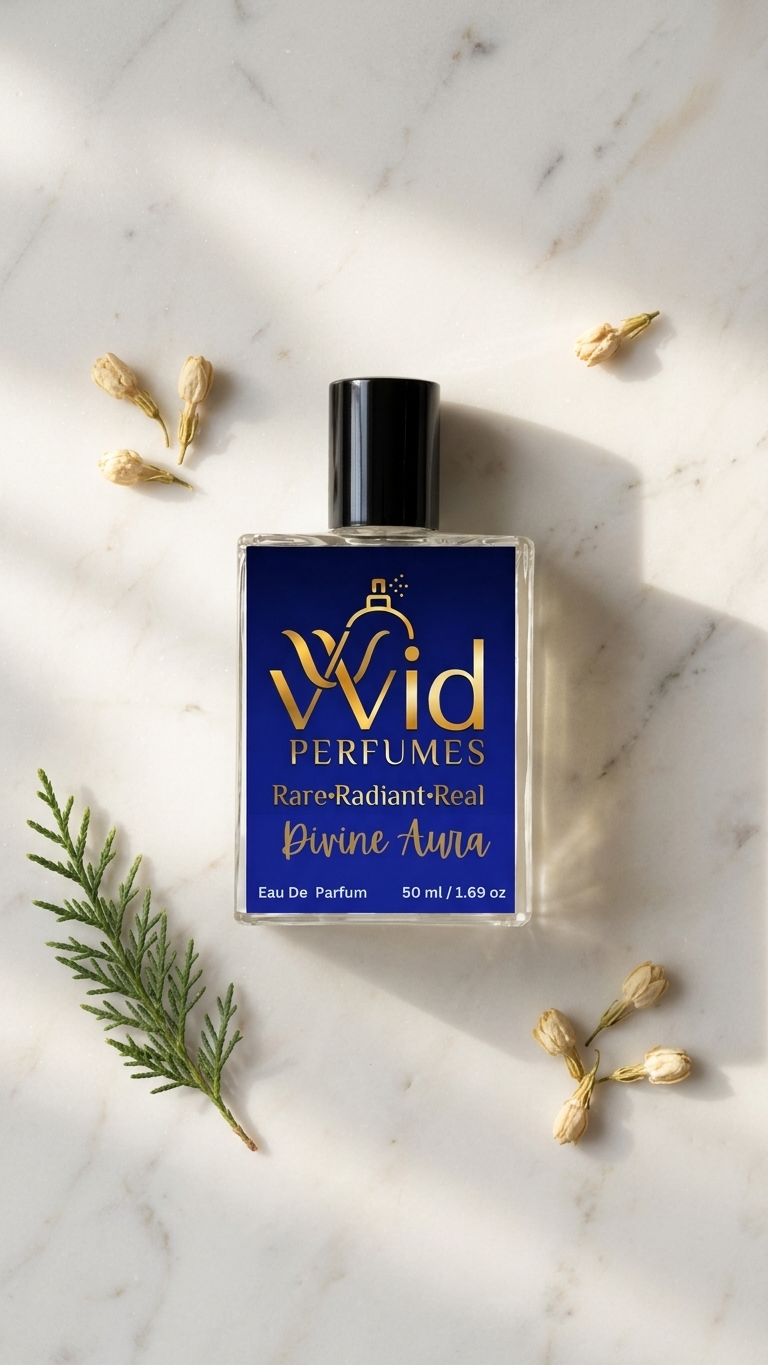 Divine Aura Perfume by VVID Perfumes featuring elegant floral notes, soft musk, warm vanilla, and a long-lasting luxurious fragrance.