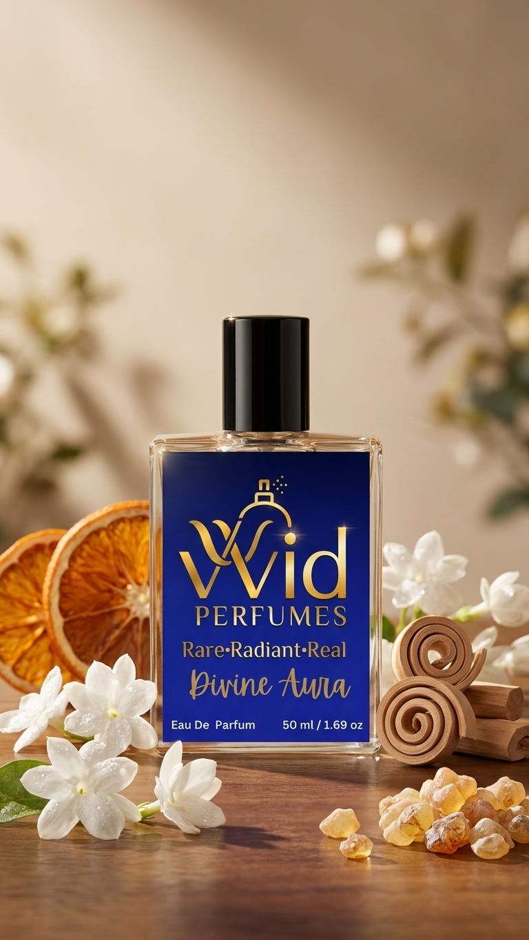 Divine Aura Perfume by VVID Perfumes featuring elegant floral notes, soft musk, warm vanilla, and a long-lasting luxurious fragrance.