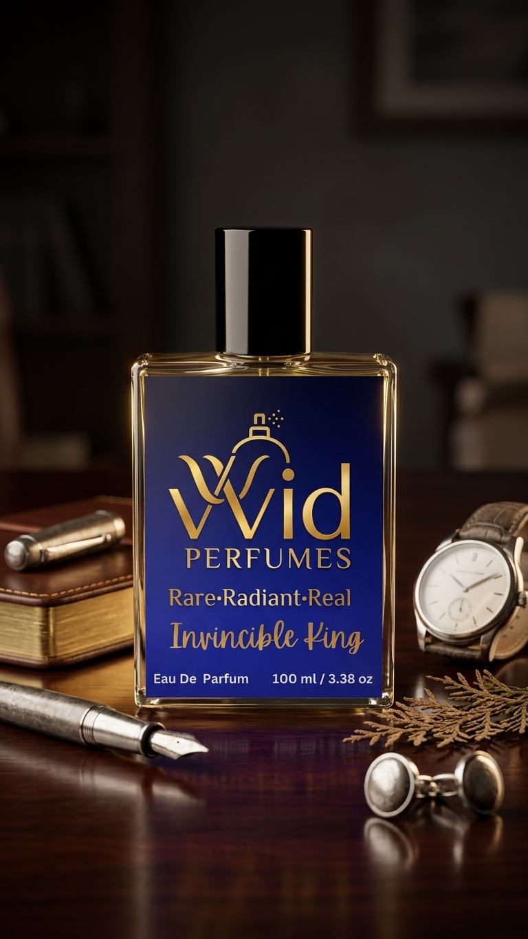 Invincible King Perfume by VVID Perfumes, a bold and masculine fragrance featuring fresh citrus, aromatic spices, woody accords, and long-lasting performance.