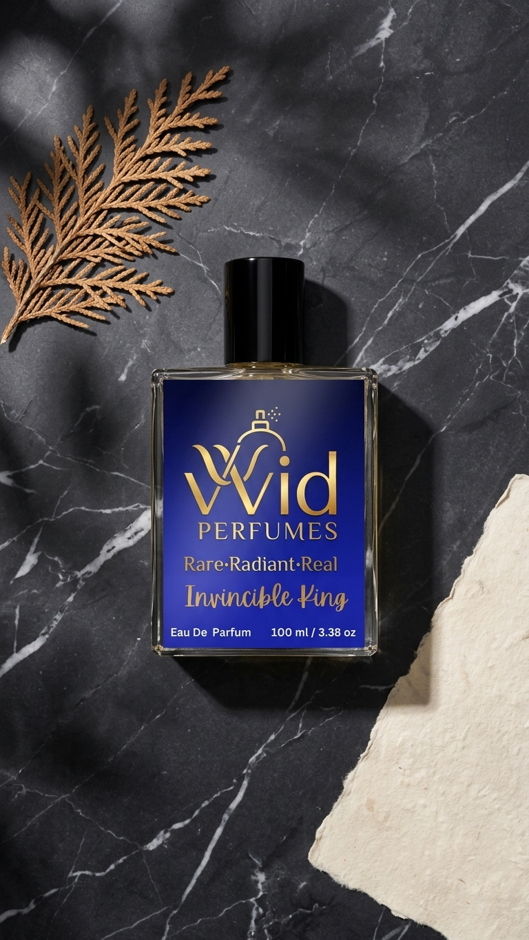 Invincible King Perfume by VVID Perfumes, a bold and masculine fragrance featuring fresh citrus, aromatic spices, woody accords, and long-lasting performance.