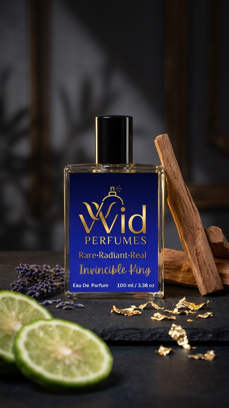 Invincible King Perfume by VVID Perfumes, a bold and masculine fragrance featuring fresh citrus, aromatic spices, woody accords, and long-lasting performance.