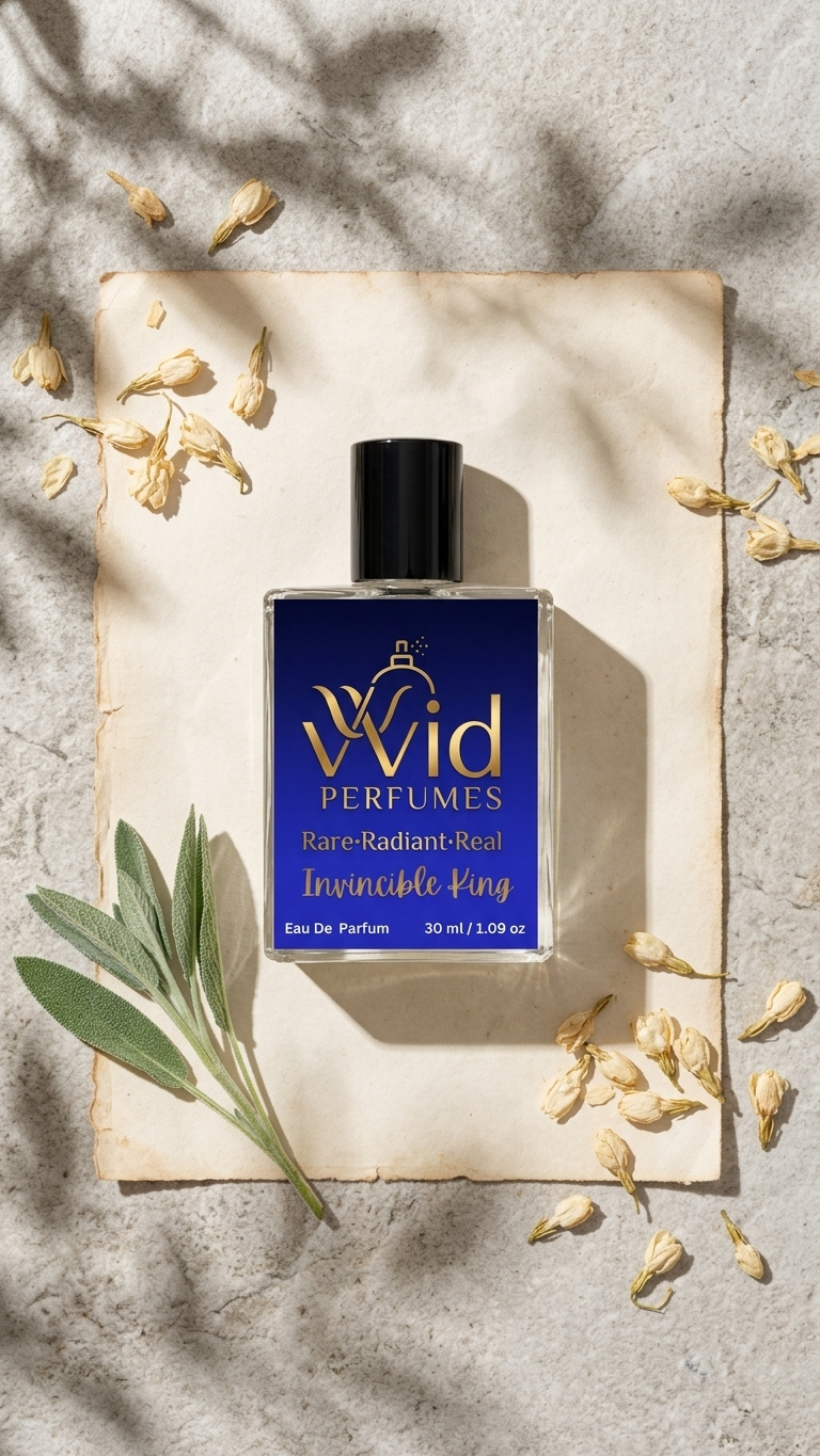 Invincible King Perfume by VVID Perfumes, a bold and masculine fragrance featuring fresh citrus, aromatic spices, woody accords, and long-lasting performance.