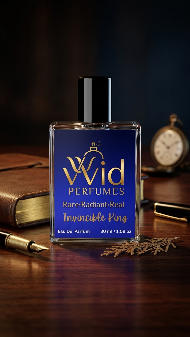Invincible King Perfume by VVID Perfumes, a bold and masculine fragrance featuring fresh citrus, aromatic spices, woody accords, and long-lasting performance.