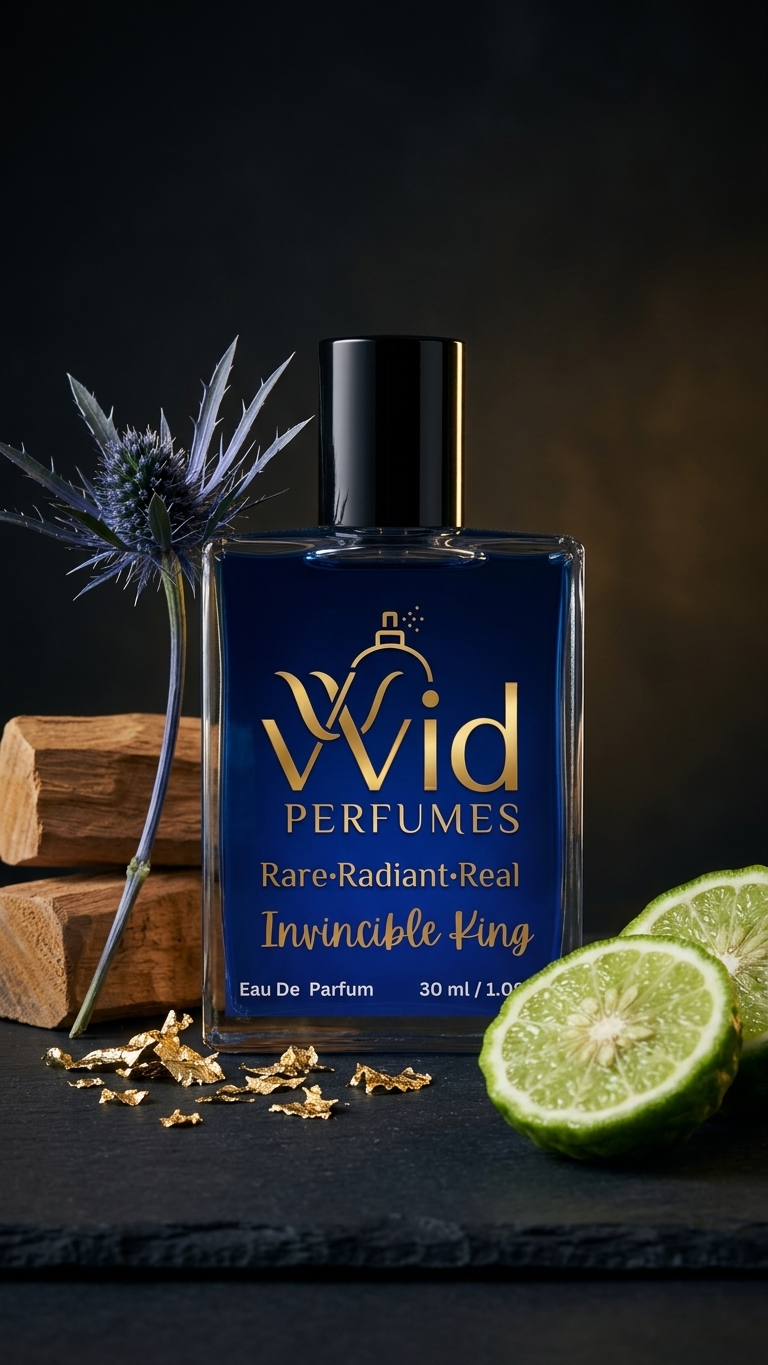 Invincible King Perfume by VVID Perfumes, a bold and masculine fragrance featuring fresh citrus, aromatic spices, woody accords, and long-lasting performance.