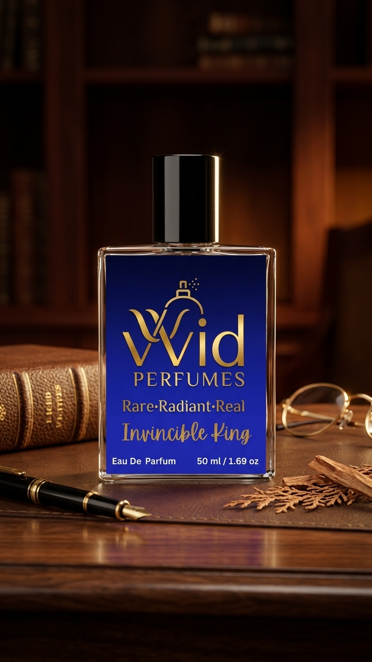 Invincible King Perfume by VVID Perfumes, a bold and masculine fragrance featuring fresh citrus, aromatic spices, woody accords, and long-lasting performance.