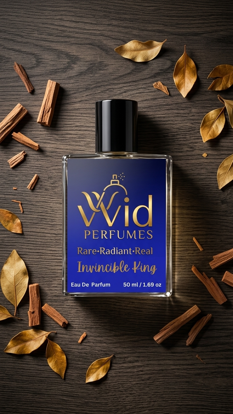 Invincible King Perfume by VVID Perfumes, a bold and masculine fragrance featuring fresh citrus, aromatic spices, woody accords, and long-lasting performance.