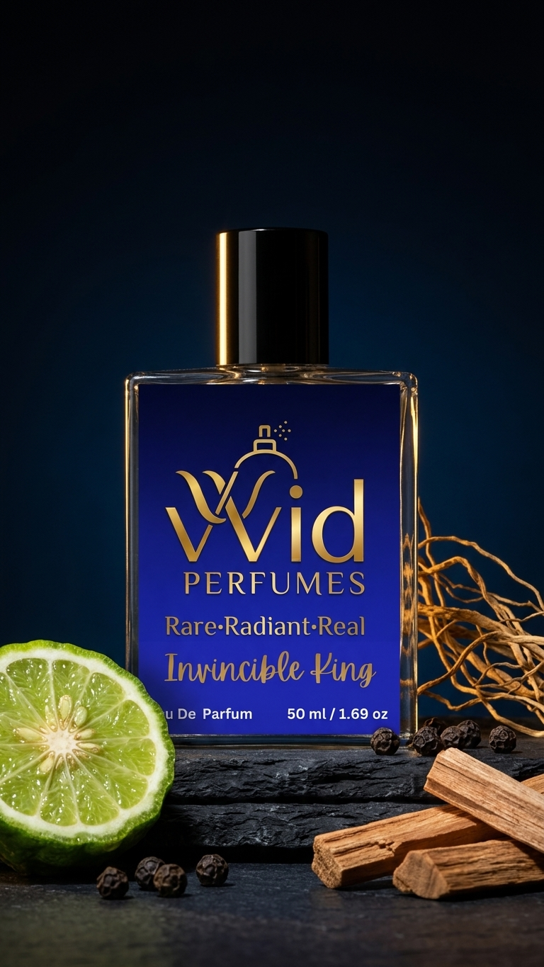 Invincible King Perfume by VVID Perfumes, a bold and masculine fragrance featuring fresh citrus, aromatic spices, woody accords, and long-lasting performance.