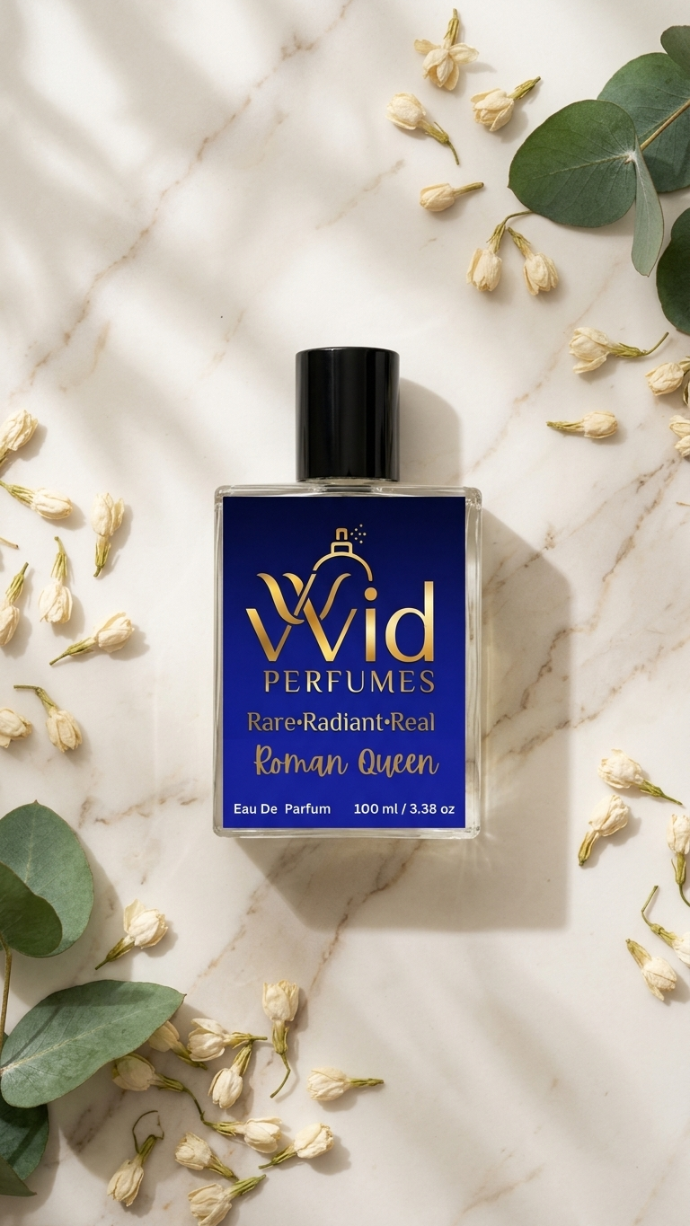 Roman Queen Perfume by VVID Perfumes featuring elegant floral notes, sweet fruits, warm vanilla, and a luxurious long-lasting feminine fragrance.
