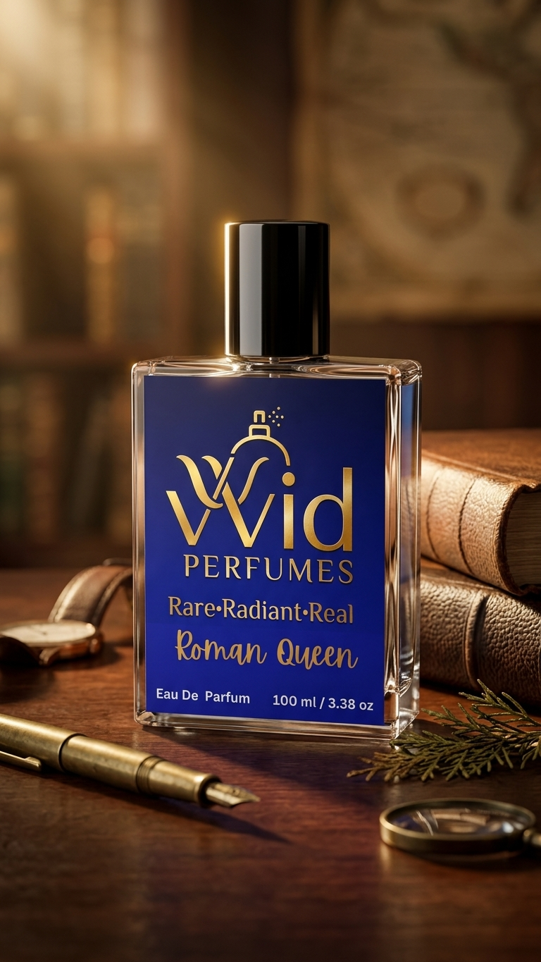 Roman Queen Perfume by VVID Perfumes featuring elegant floral notes, sweet fruits, warm vanilla, and a luxurious long-lasting feminine fragrance.