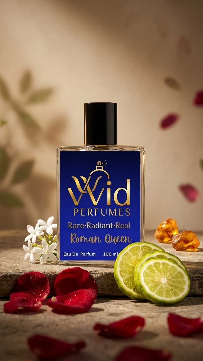 Roman Queen Perfume by VVID Perfumes featuring elegant floral notes, sweet fruits, warm vanilla, and a luxurious long-lasting feminine fragrance.