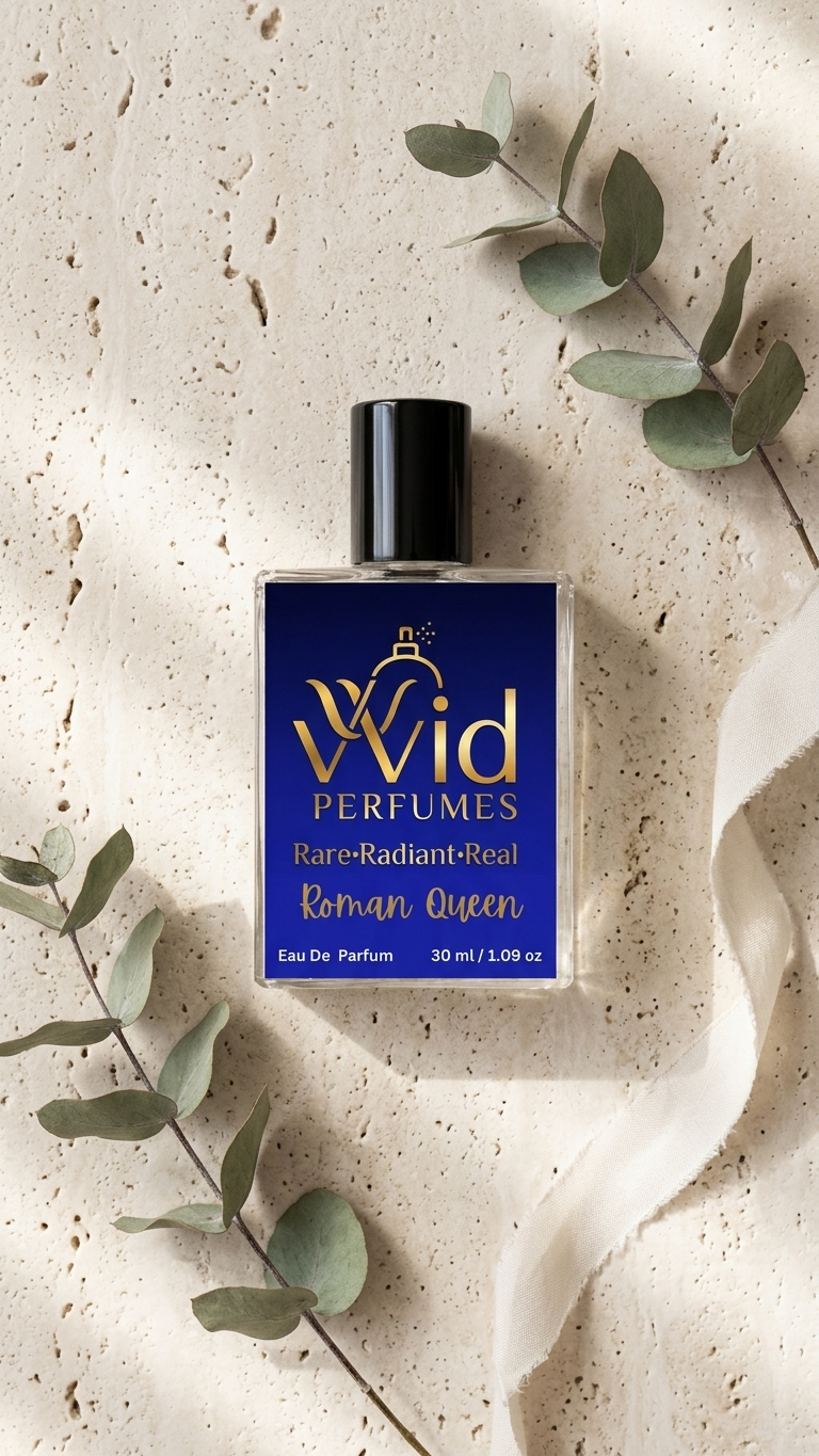 Roman Queen Perfume by VVID Perfumes featuring elegant floral notes, sweet fruits, warm vanilla, and a luxurious long-lasting feminine fragrance.