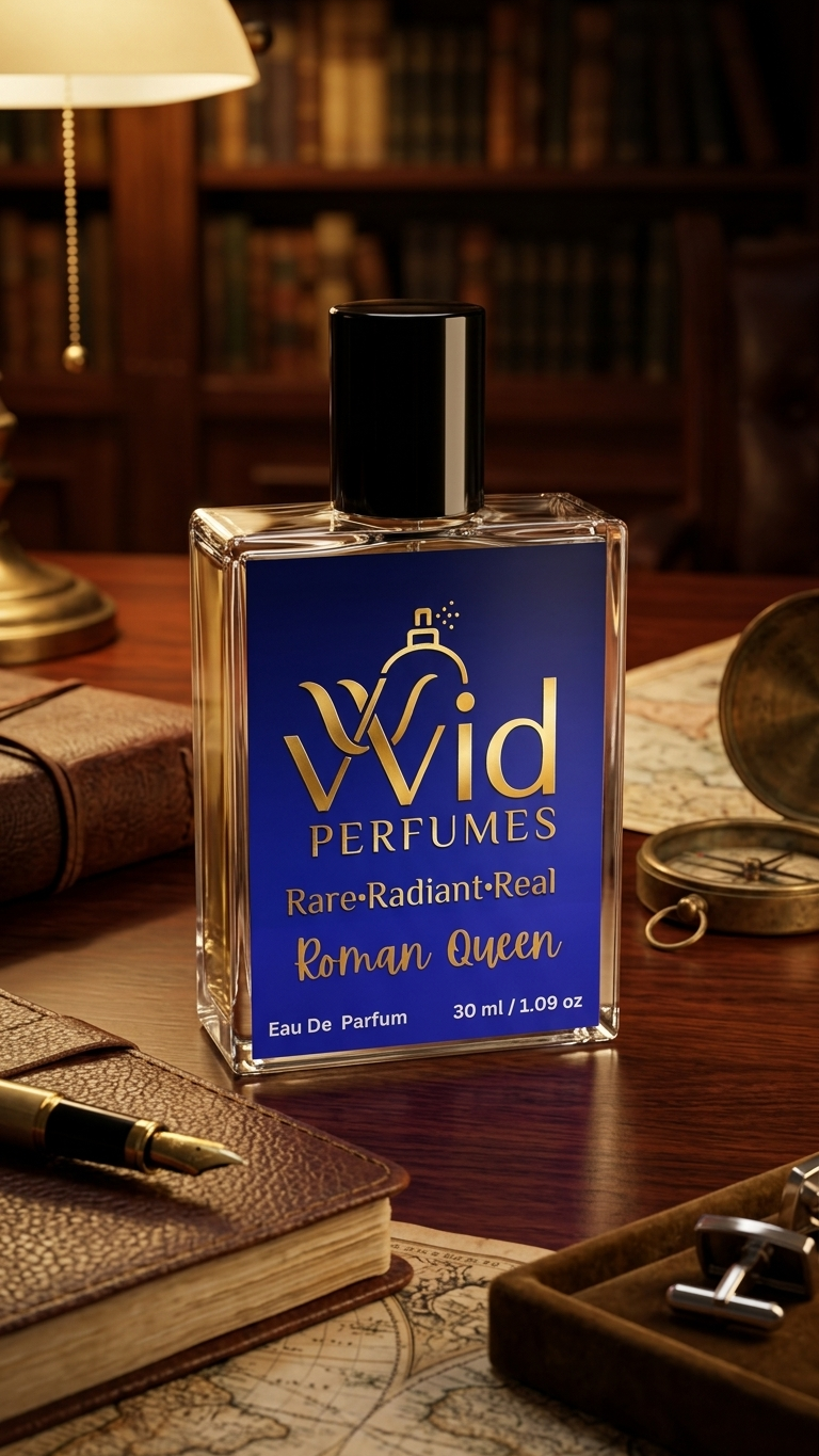 Roman Queen Perfume by VVID Perfumes featuring elegant floral notes, sweet fruits, warm vanilla, and a luxurious long-lasting feminine fragrance.