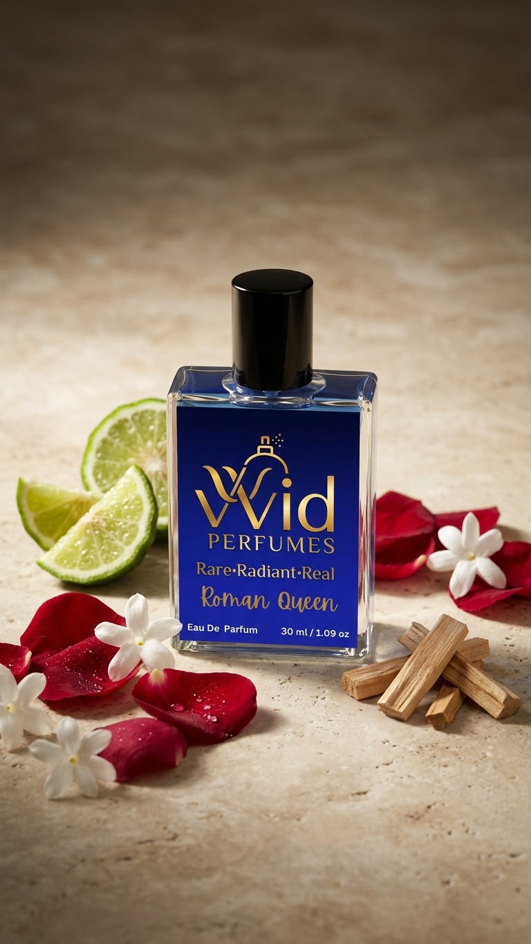 Roman Queen Perfume by VVID Perfumes featuring elegant floral notes, sweet fruits, warm vanilla, and a luxurious long-lasting feminine fragrance.