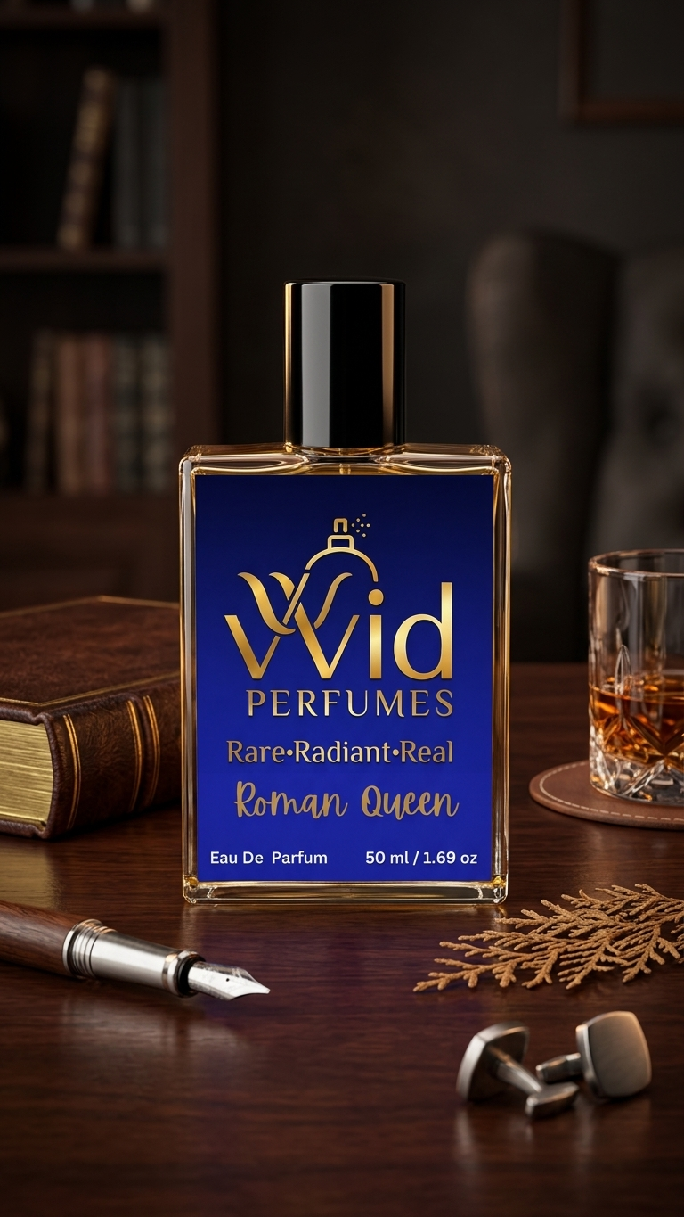 Roman Queen Perfume by VVID Perfumes featuring elegant floral notes, sweet fruits, warm vanilla, and a luxurious long-lasting feminine fragrance.