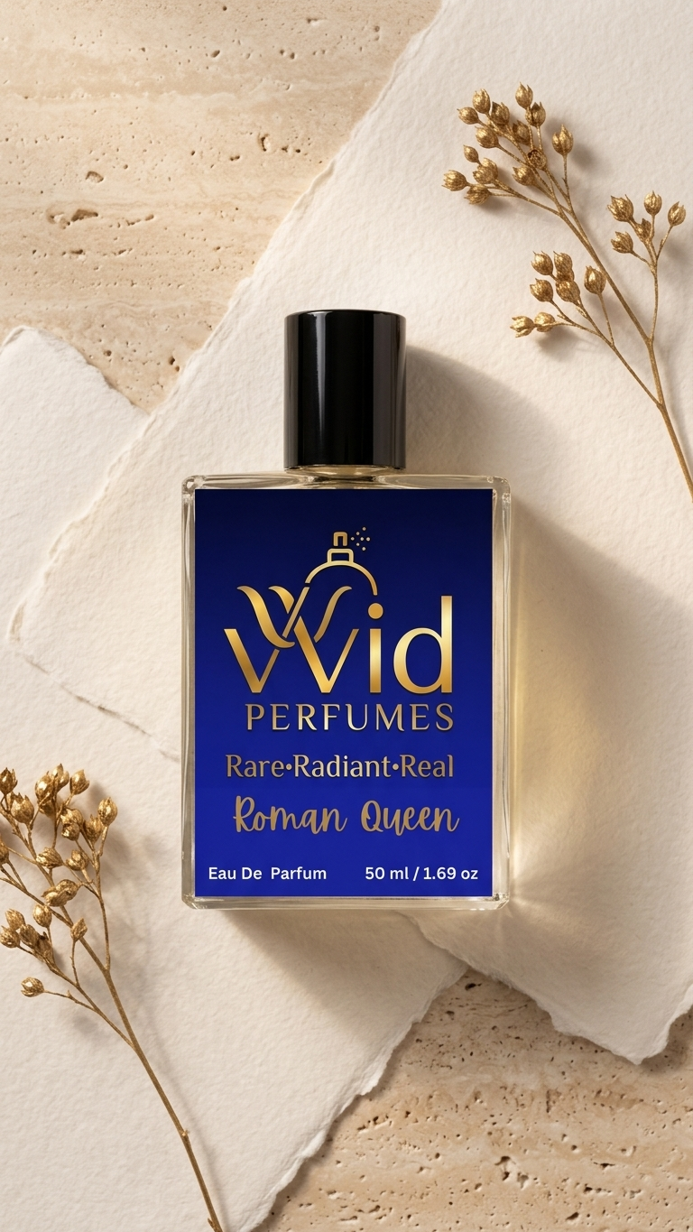 Roman Queen Perfume by VVID Perfumes featuring elegant floral notes, sweet fruits, warm vanilla, and a luxurious long-lasting feminine fragrance.
