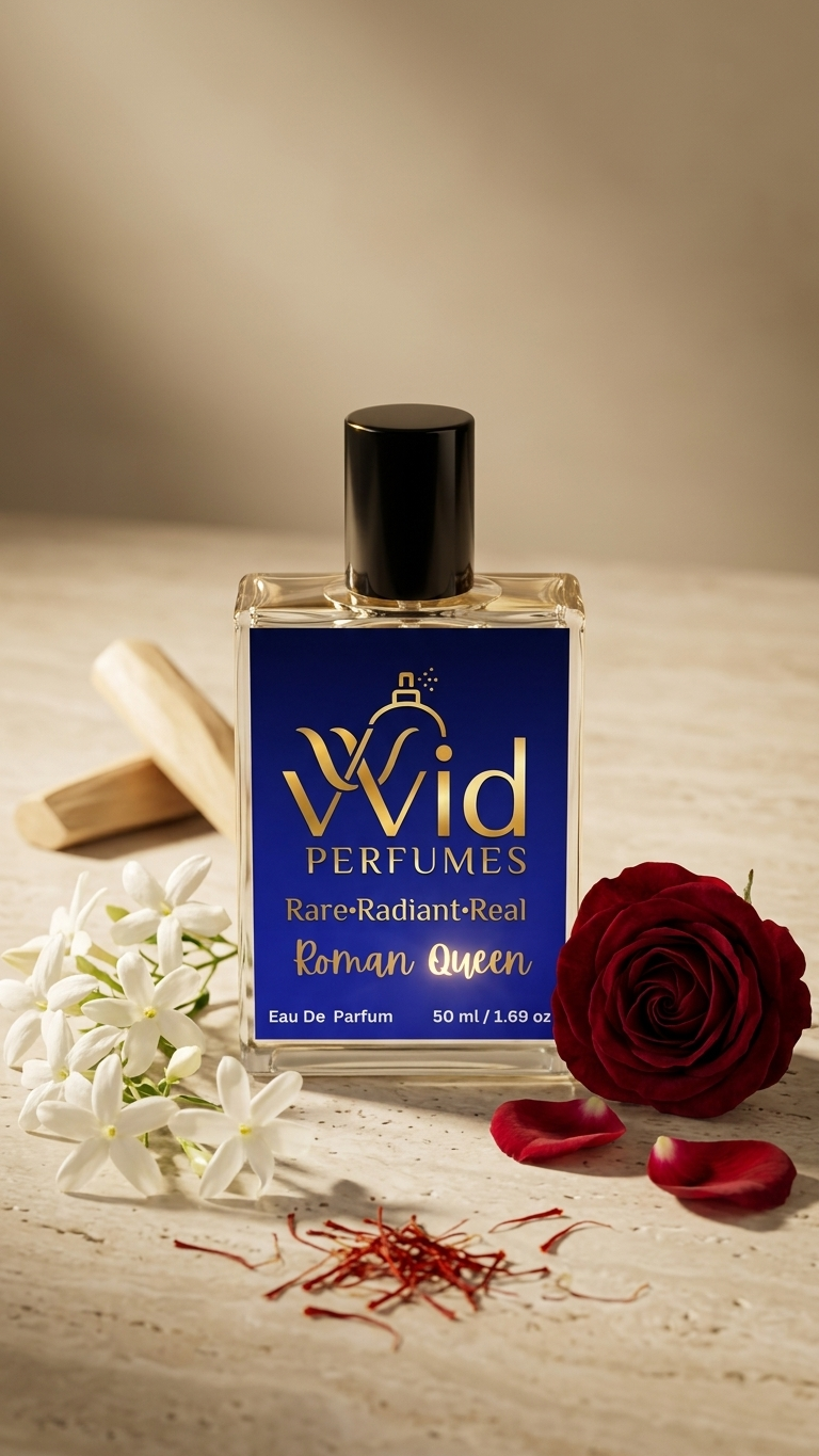 Roman Queen Perfume by VVID Perfumes featuring elegant floral notes, sweet fruits, warm vanilla, and a luxurious long-lasting feminine fragrance.