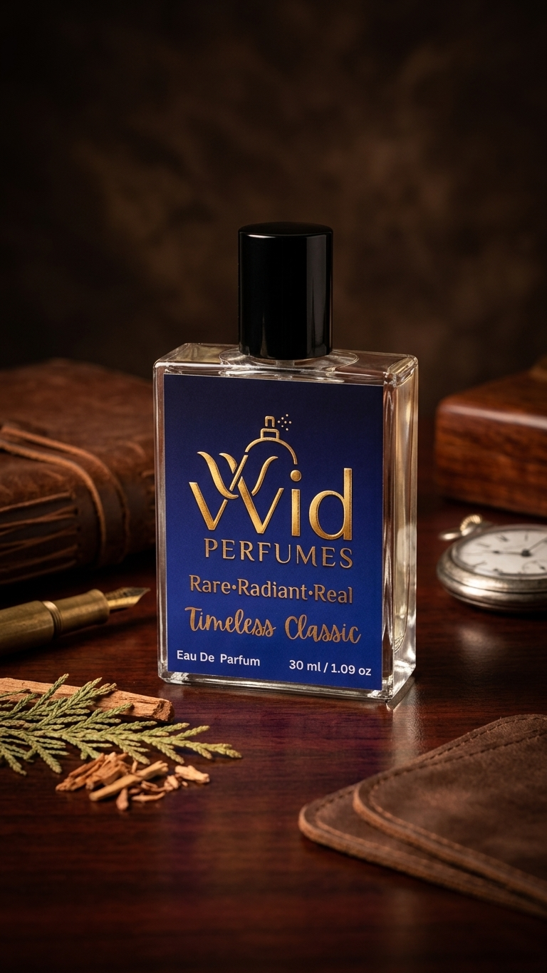 Timeless Classic Perfume by VVID Perfumes featuring refined citrus, aromatic spices, woody notes, and a sophisticated long-lasting fragrance.